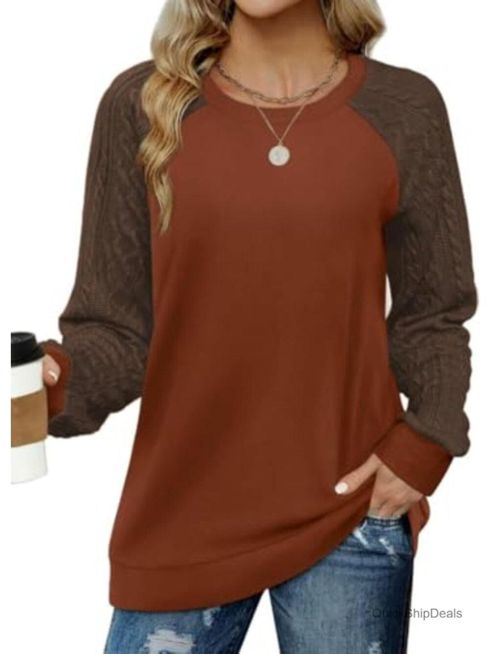 Ohhettm Crewneck Sweatshirt Cable Knit Sleeve Fall Winter Outfit